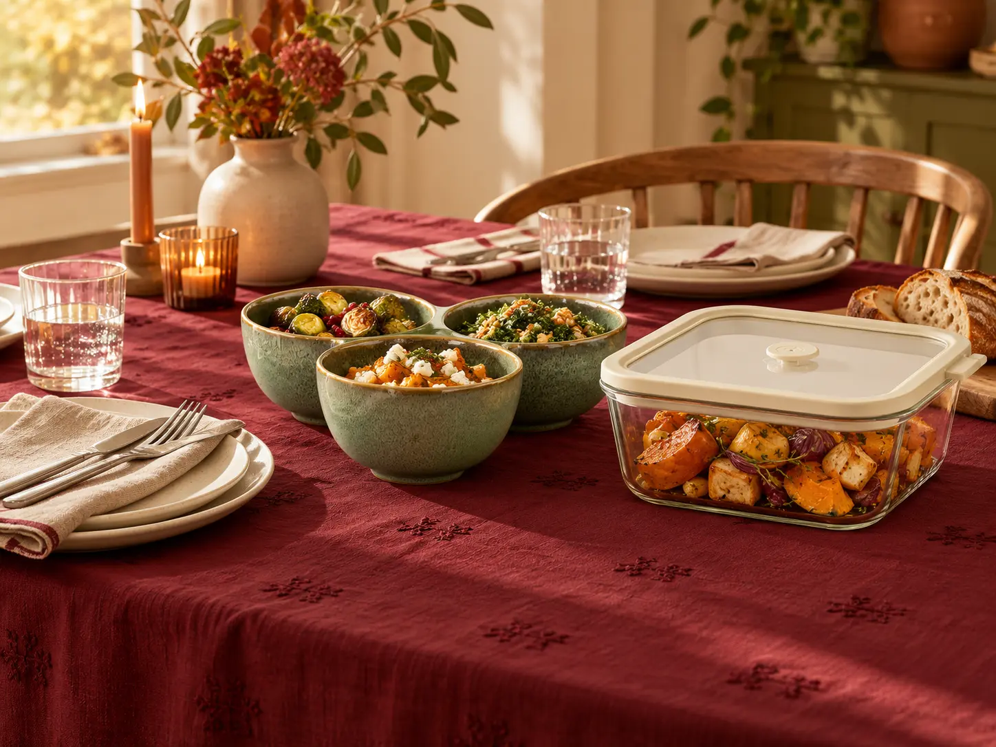 Gedekte herfsttafel met wijnrood tafellinnen, groene serveerschalen en een glazen schaal