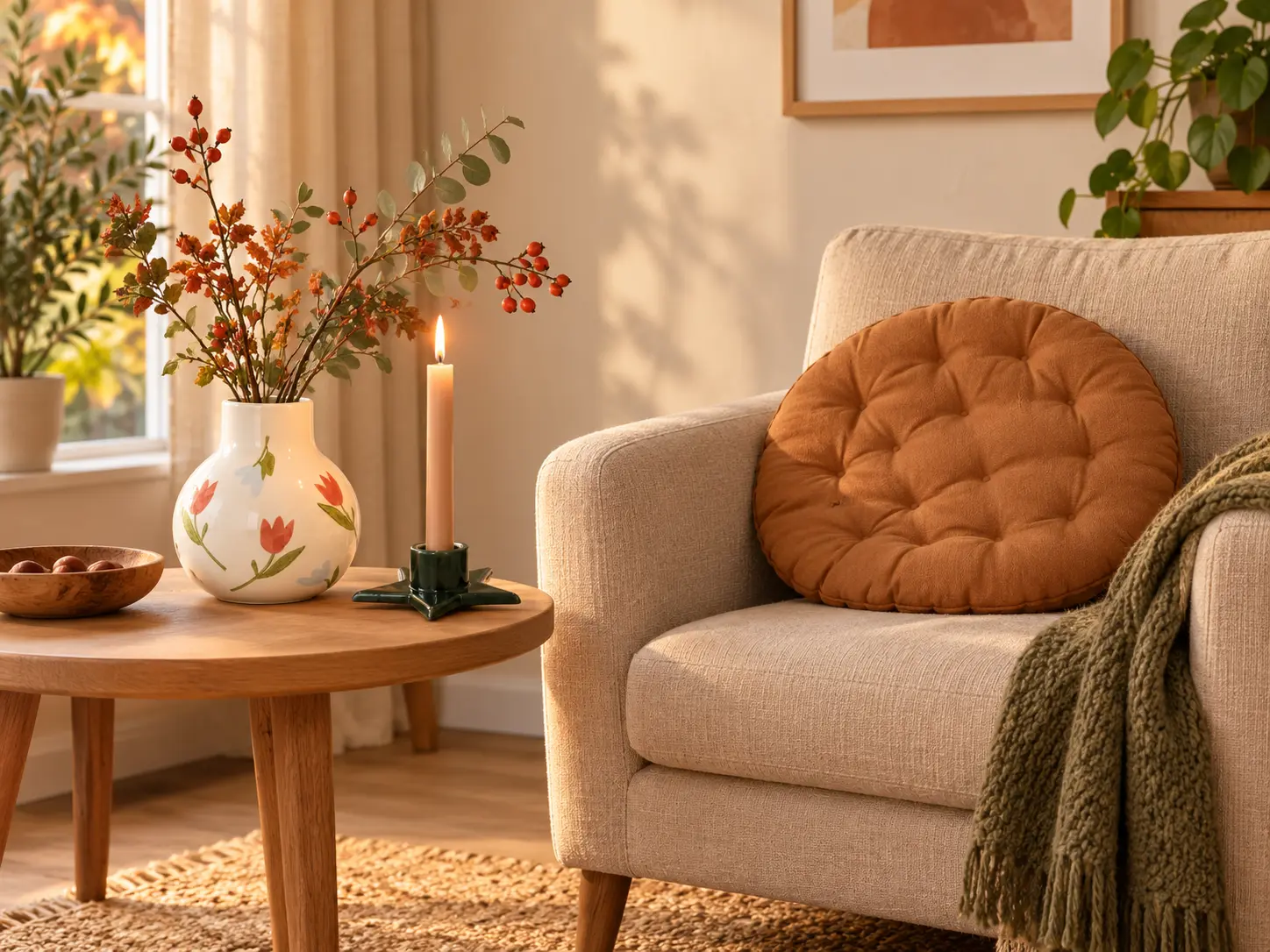 Gezellige woonkamer met een rond kussen, bloemenvaas en groene kandelaar